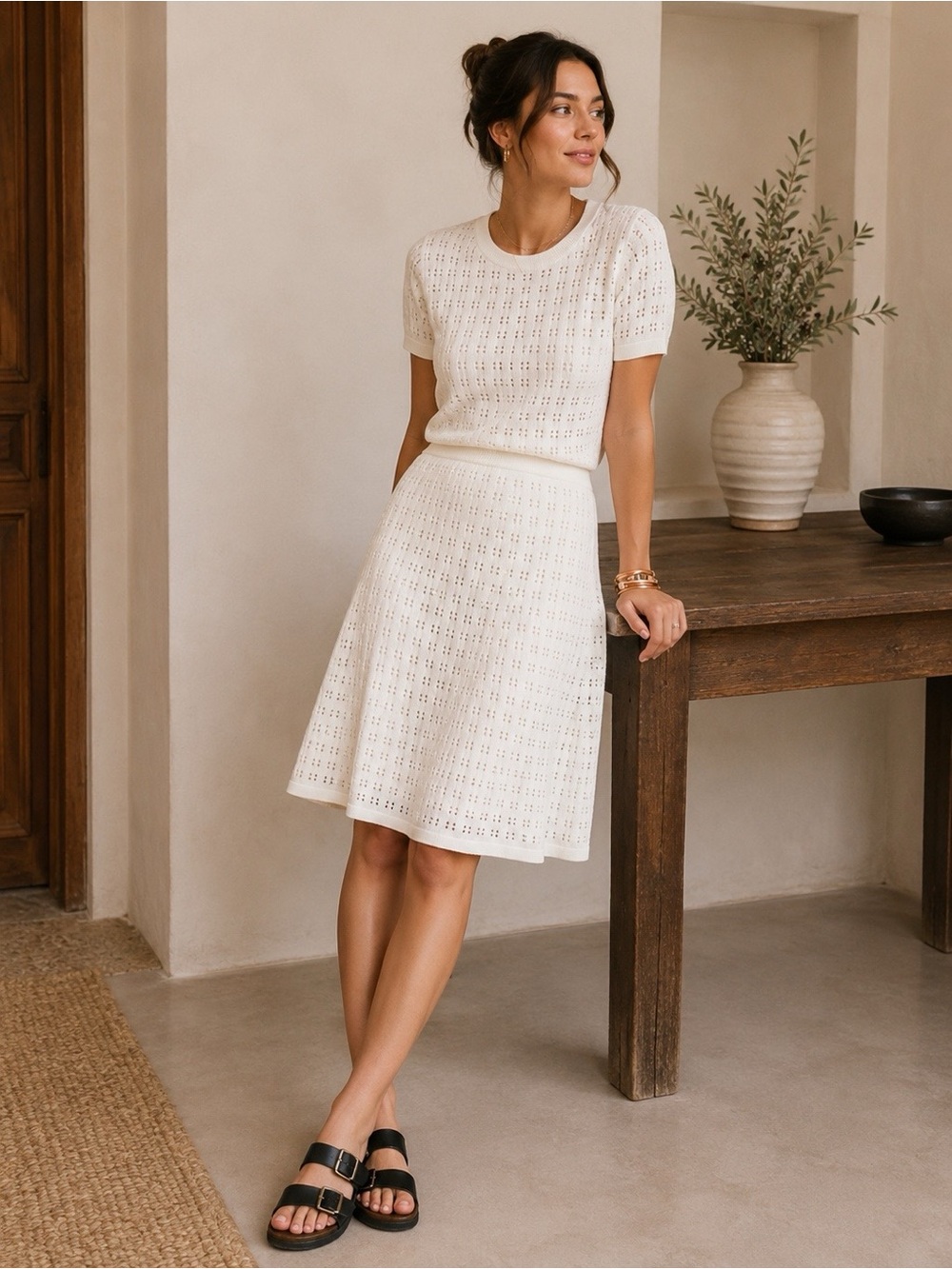 Anthropologie Meadow Rue Cadenza Pointelle Knit Skirt Cream Ivory Size Small